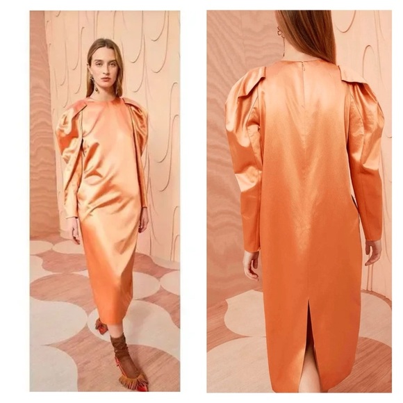ULLA JOHNSON Silvana dress in Copper sz 00 midi satin boho cocktail long sleeve - Picture 3 of 14